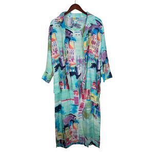 Sea Suns Artsy Colorful Cityscape Button Down Shirt + Maxi Dress 2 pc Set Size L